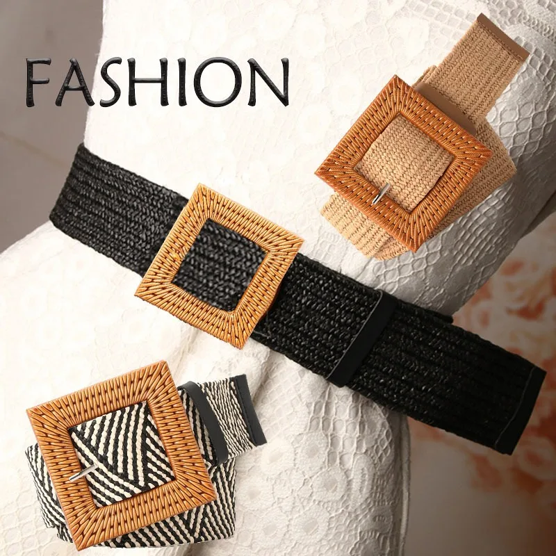 1Pcs Straw Woven Elastic Belt for Wome Teenager Vintage Wide Stretch Waistband for Dress Boho Ladies Summer Dress Belt