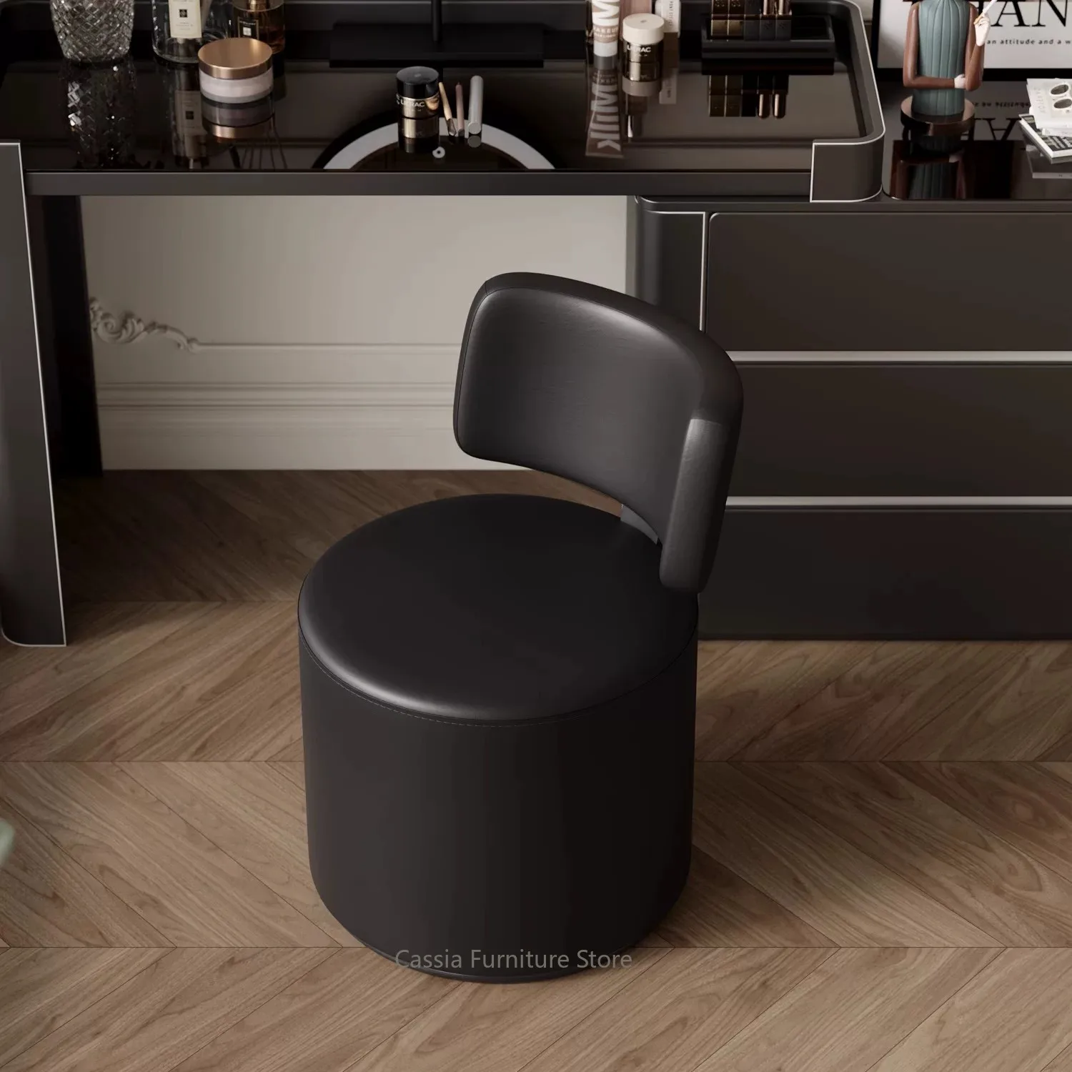 Minimalist Light Luxury Swivel Velvet Vanity Stool with Backrest for Bedroom, Makeup Chair view 3