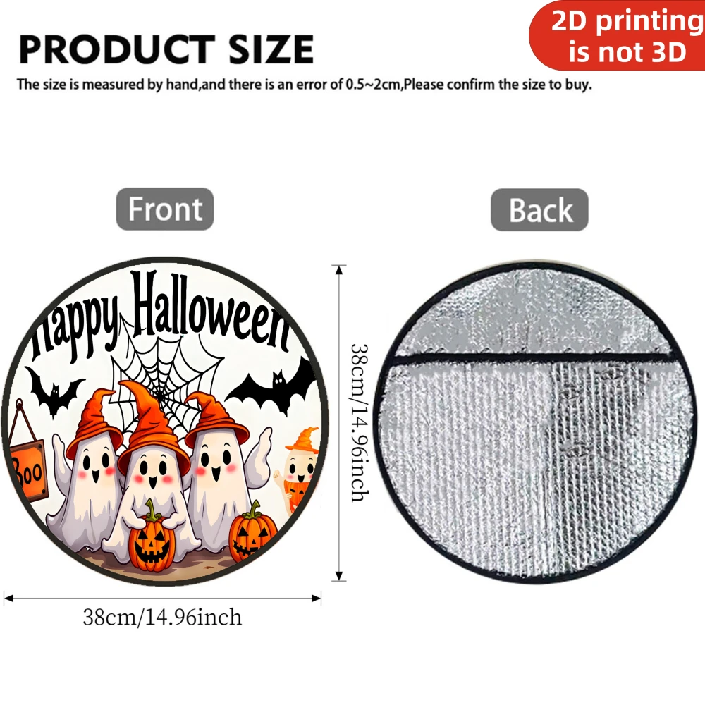 1pc Sunshade Steering Wheel Cover, 2D Flat Printing Happy Halloween Ghosts Pumpkins Bats Spiderweb Boo Sign, Heat Insulation