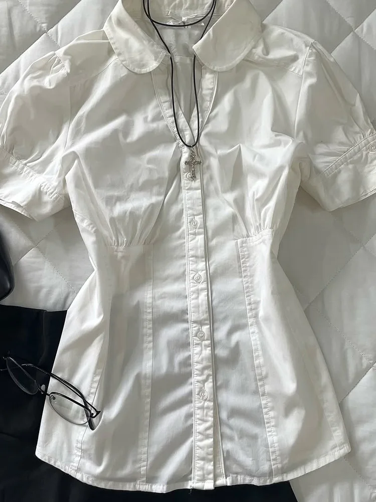 

Chic White Slim Fit ort Sve irt for Young Women Korean Sle Commute Faion Polka Dot Design Polyester Cotton Blend