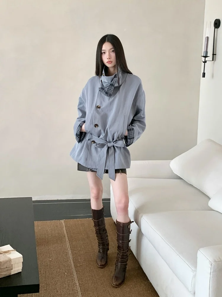 الرجعية كلية Sle الأزرق منقوشة الربط الوجهين ارتداء فضفاض الخصر ort معطف المرأة أوائل الخريف أعلى عارضة تخفيف Sle #2