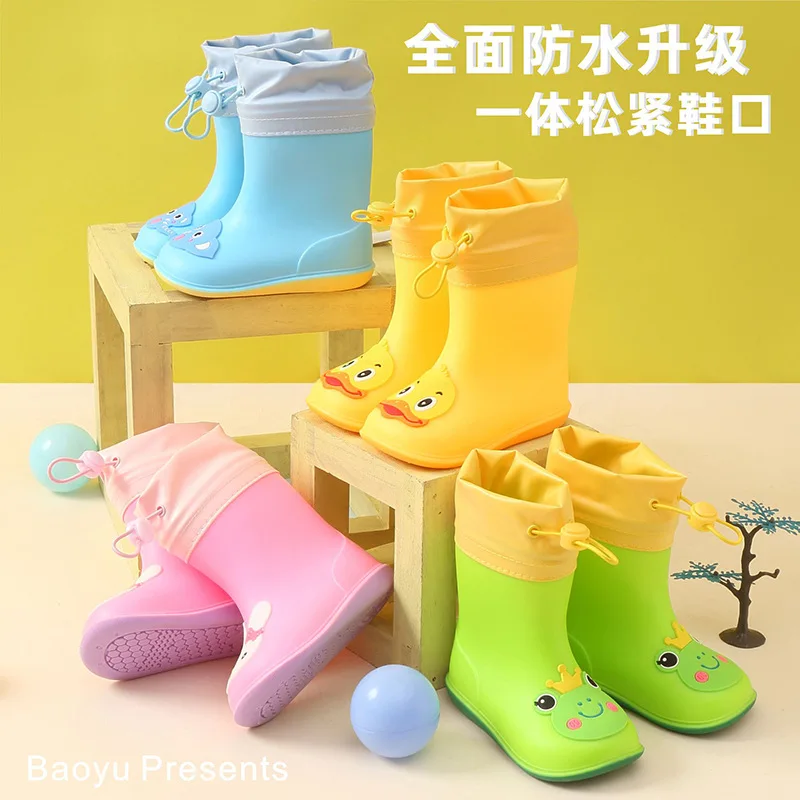 Nice Wide Round Toe Children Rainboots Baby PVC Rubber Waterproof Kids Water Shoes Lovely Cartoon Rain Boots Platform