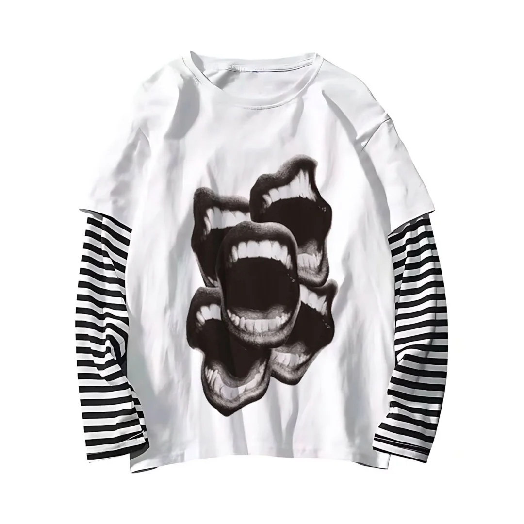 

Autumn long sleeved striped Harajuku American print hip-hop rock men's and women's T-shirt popular loose high-quality cotton top