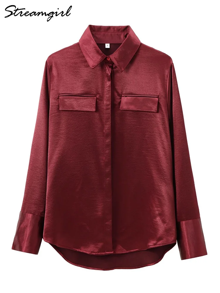 

Solid Satin Shirt For Women Summer Long Sleeve Turn Down Collar Button Silk Loose Shirts Women Casual Elegant Office Lady Blouse