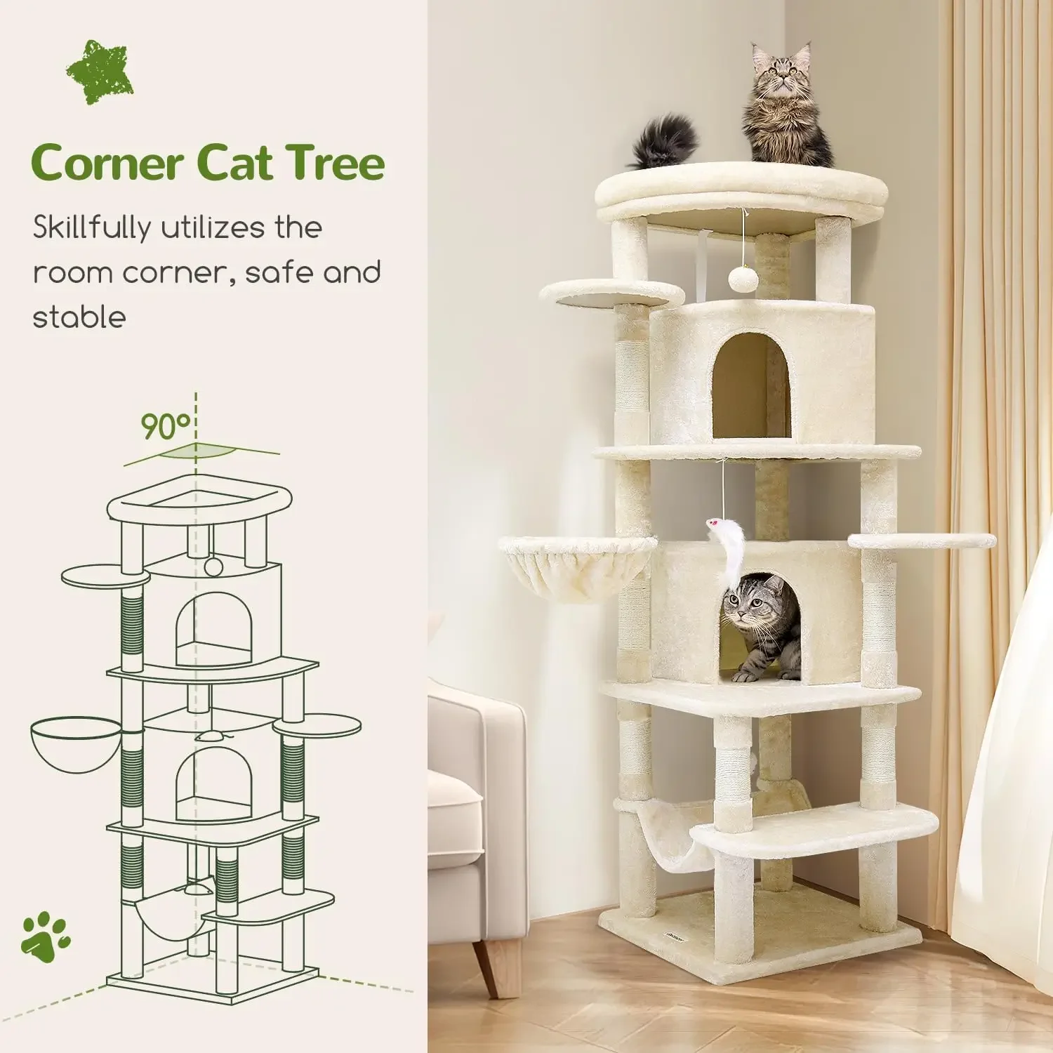 Large Cat Tower, Curved Series Corner Cat Trees And Towers For Large Indoor Cats With Big Cat Condos, 6 Scratching Posts|