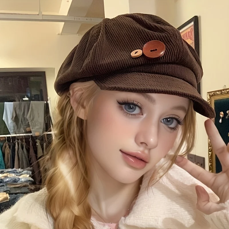 Japanese Octagonal Vintage Beret Flannel Fabric with Buttons Brown Color Men Women Artistic Retro Fashion Daily Wear