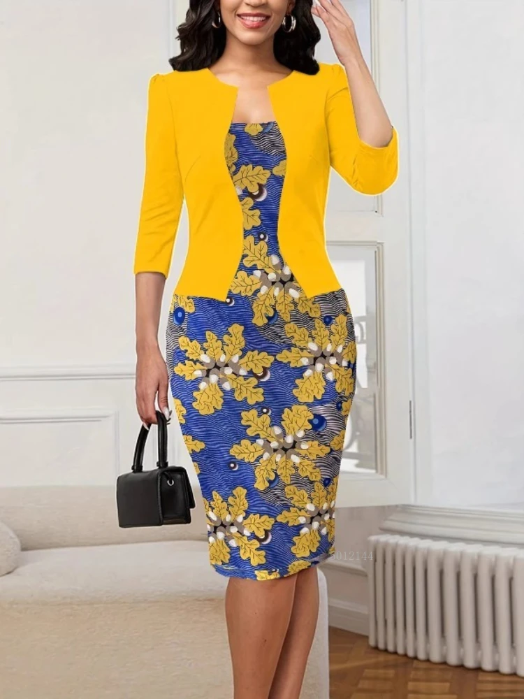 Elegant Floral 2026 New style fake two-piece slim dress seven-quarter sleeve short coat splicing printed bag hip pencil skirt