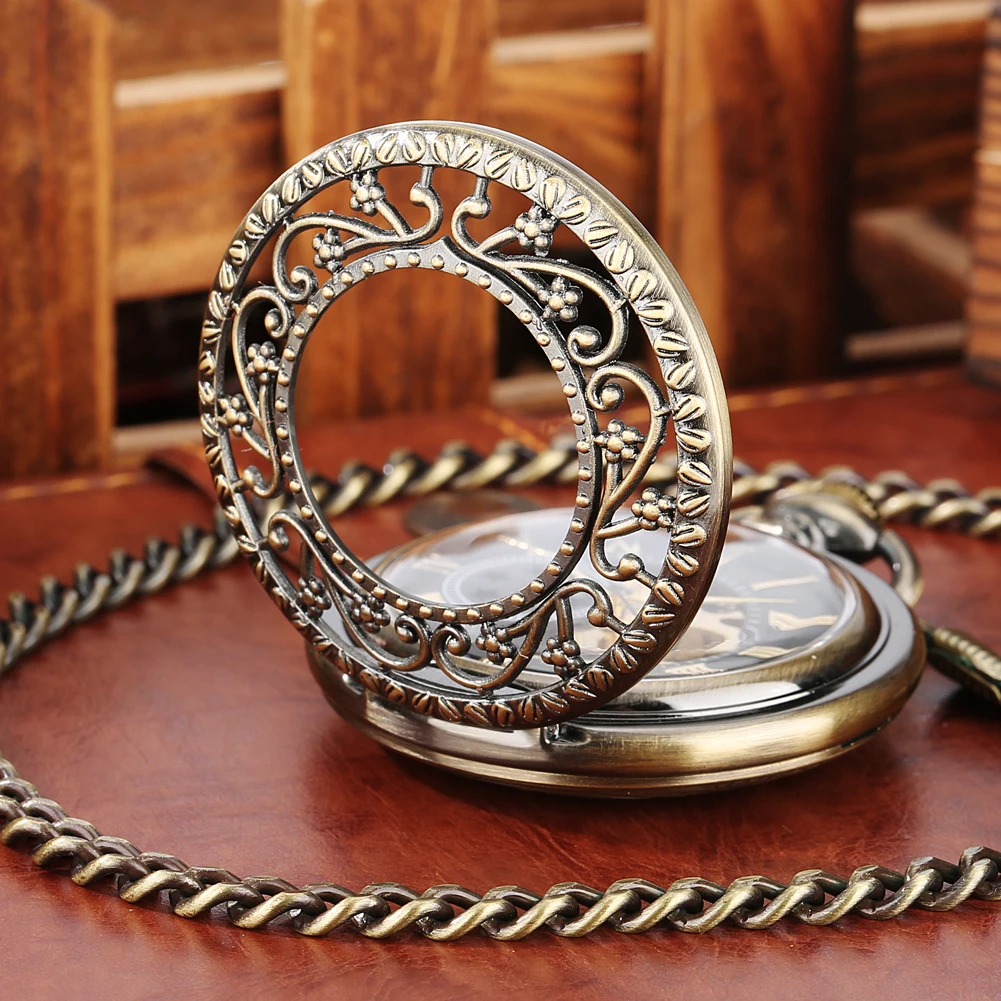 

Bronze Hollow Flowers Mechanical Hand Winding Pocket Watch Men Roman Numerals Stars Dial Pendant Fob Chain Pocket Clock Gift
