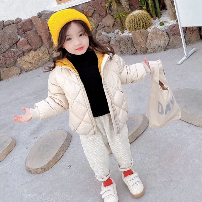 Winter boys girls hooded jacket square geometric Walk Wire 2-8 years old baby add velvet warm fashion Korean children's clothing