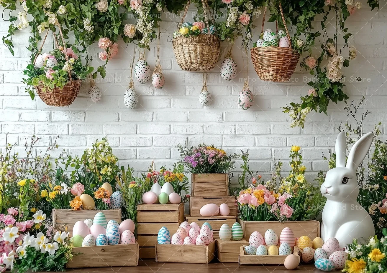 Mehofond Photography Background Spring Easter Colorful Egg Rabbit Flower Basket Wooden Box Kids Family Portrait Backdrop Decor