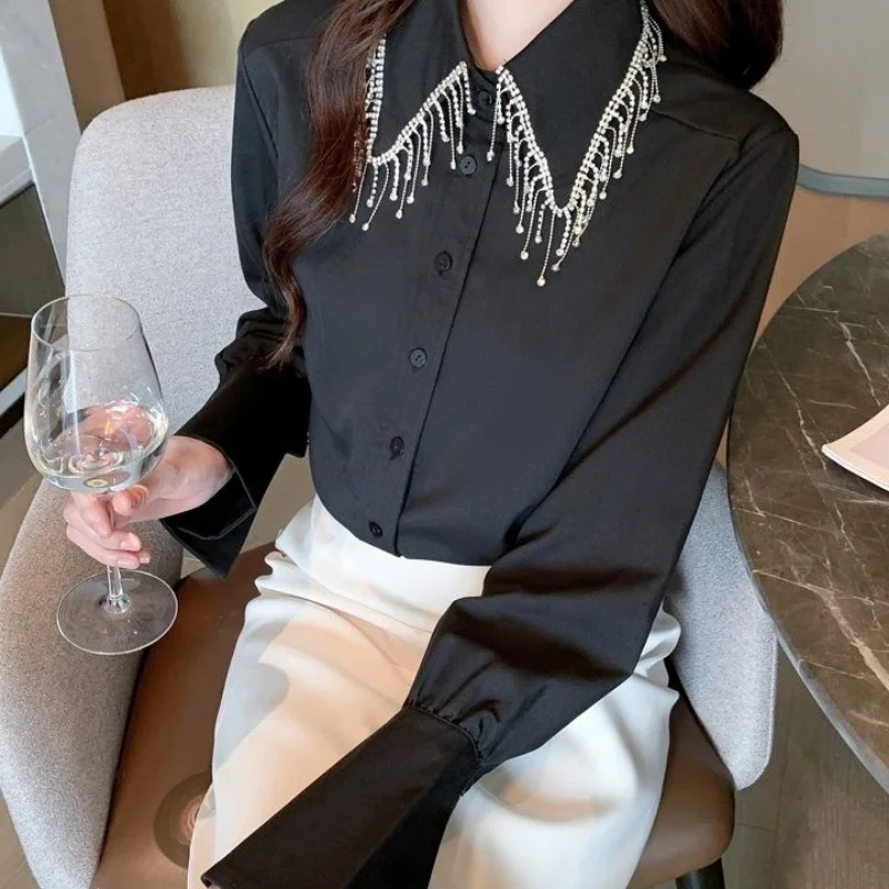 Women\'s Korean Luxury Tassel Diamonds Button Shirt Office Lady Elegant Chic Business Casual Blouse Black White Long Sleeve Tops