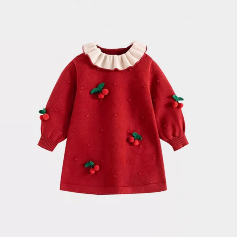 

Girl's Sweater Skirt Spring and Autumn2024New Western Style Baby Girl Knitted Dress Children Red Princess Dress