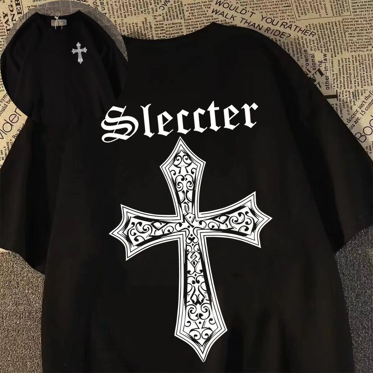 American-style Cross Print Short-sleeved T-shirt, Unisex, Summer Fashion Brand, Loose Street Style Trendy Top