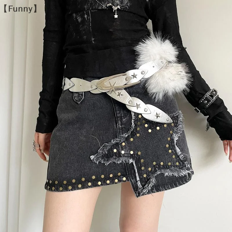 เข็มขัดหนัง PU ประดับหมุดและขนสัตว์เทียม สไตล์สาวหวานสุดแซ่บ สายคาดเอวขนปุยสไตล์เกาหลี ตกแต่งกางเกงยีนส์ เข็มขัดเอว Y2K