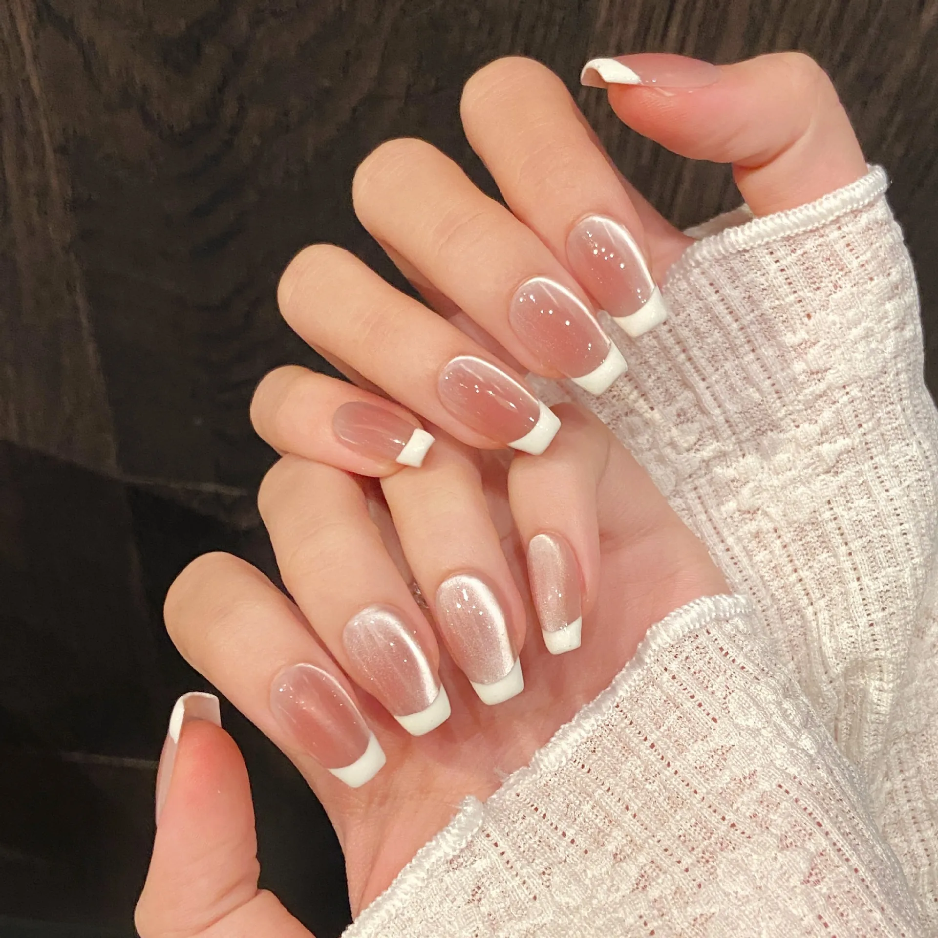 10pcs Handmade French Cat Eye Press on Nails Ins Simple Nude Pink Sweet Girl Fake Nails Reusable Wearable Korean False Nail Tips