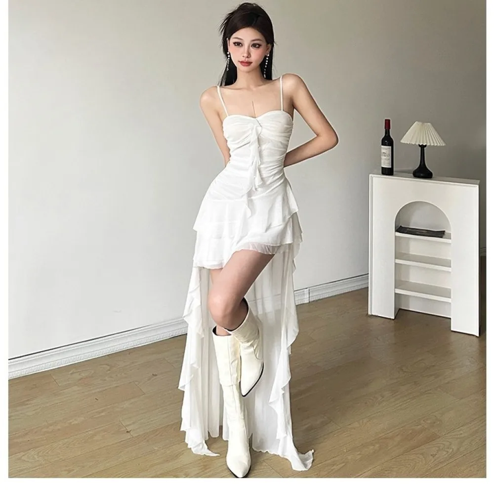 SylCue シャーリングフリルミニドレス女性セクシーな背中の開いたオフスリーブメッシュパッチワーク非対称裾ミッドナイトクラブパーティーエレガントな衣装