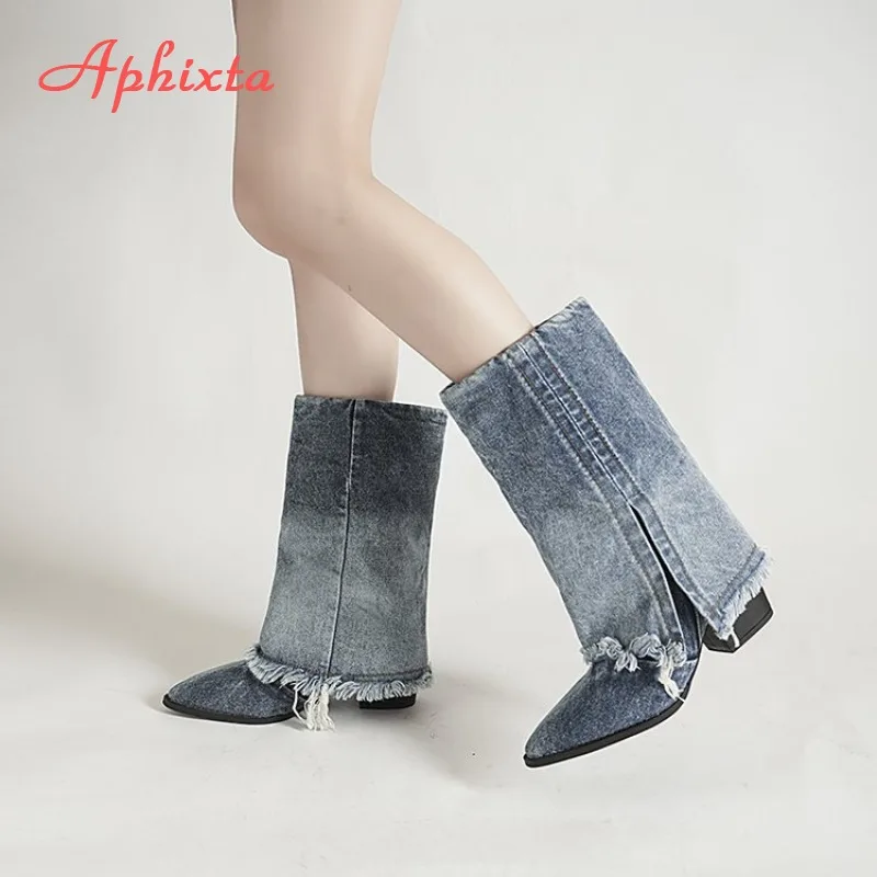 Women Denim Mid Calf Boots Pointed Toe Block Heel Fringe Split Cuff Cowboy Western Boots Vintage Distressed Fashion Boots