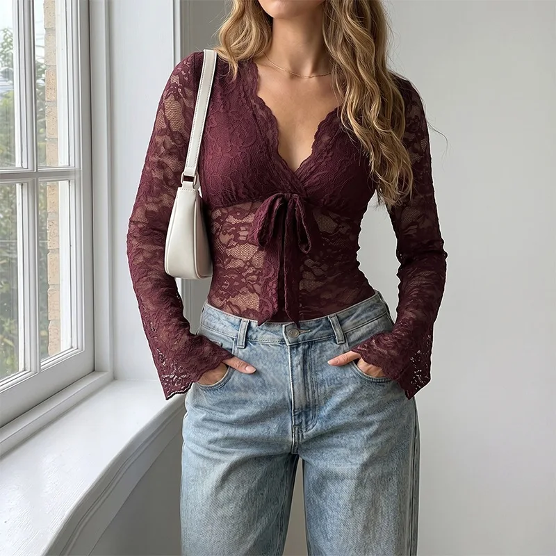 Women Sexy Sheer Lace Bodysuit Deep V Flare Long Sleeve Slim Fit Mesh See Through Jumpsuit Fall Club Night Date Party Outfit Top
