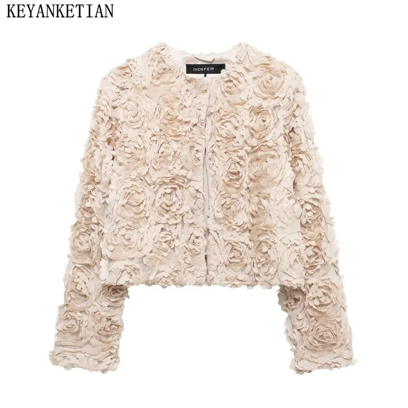 

KEYANKETIAN 2024 New Women's Flower Applique Decoration Cropped Jacket Autumn Stylish Chic O-Neck Buttonless Crop Top Outerwear