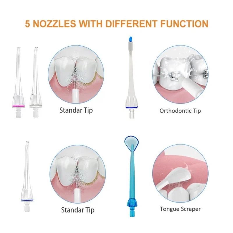 Tragbare Mundbewässerungs-Wasserflosser, wiederaufladbarer USB-Zahnwasserstrahl + 5 Düsen
