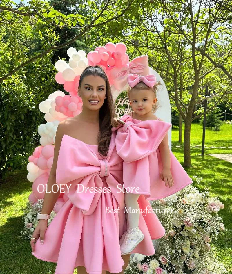 OLOEY Mini Short Pink Birthday Party Dresses Mother And Daugheter Prom Dresses Bowknot Cotton Evening Gowns Formal Event