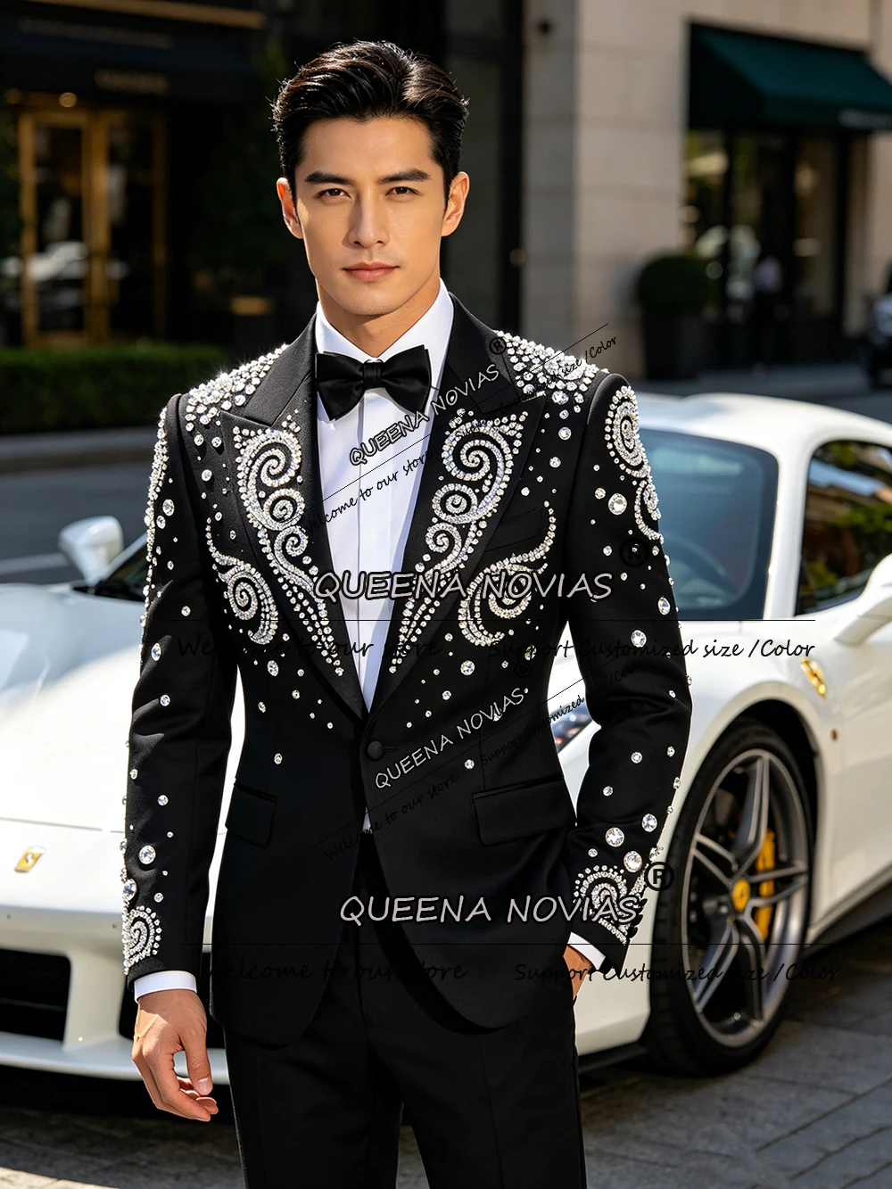 

Exquisite Rhinestone Beaded Suit Men Formal Wear Groom Wedding Tuxedo Customzied Man Banquet Prom Blazer Pants 2 Pieces Outfits