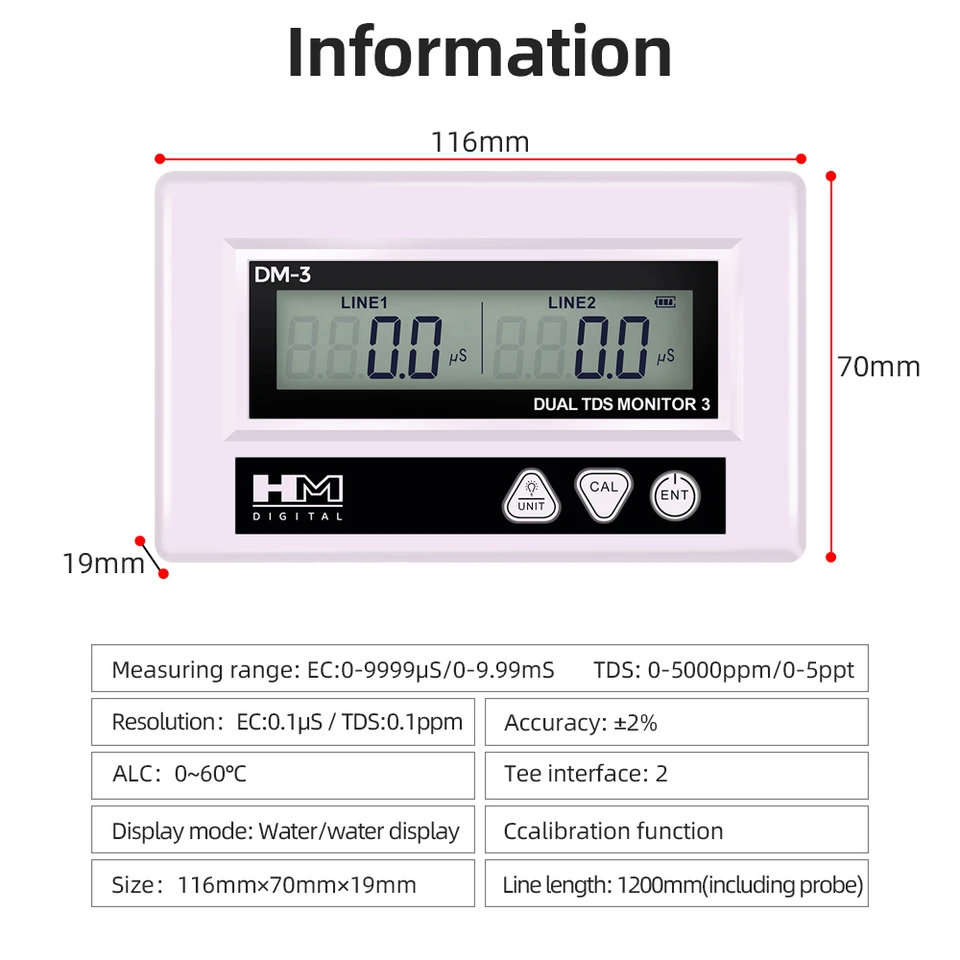 HM DM3 Digital Online Water Quality Tester LCD TDS Meter Dual