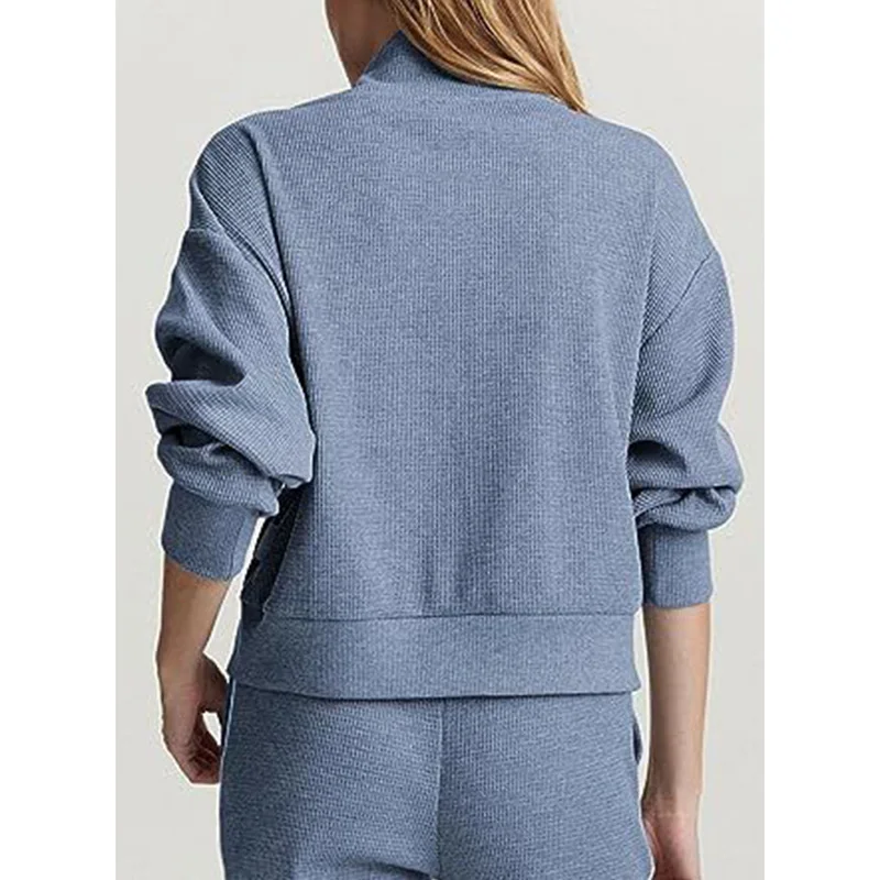 Sudaderas de punto de manga larga para mujer, jerséis sueltos con cuello en V y cremallera de gofres, ropa de otoño e invierno