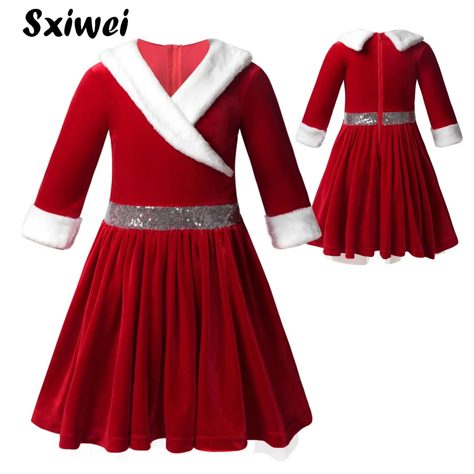 

Kids Girls Santa Sweetie Cosplay Costume Red Velvet Faux Fur Trimming Tutu Dress Princess Party Ballet Figure Skating Dance Wear