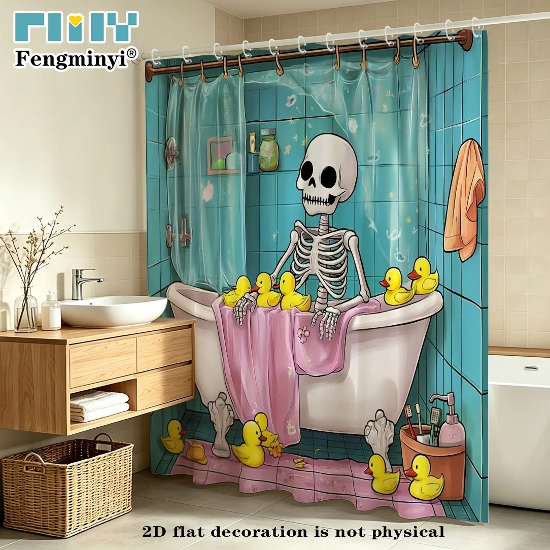 2D Flat, 2D Flat, 2D Flat Shower Curtain, 1pc, 1 Style of Whimsical Skull Bathtub Curtain - Featuring a Mischievous Smiling Skul