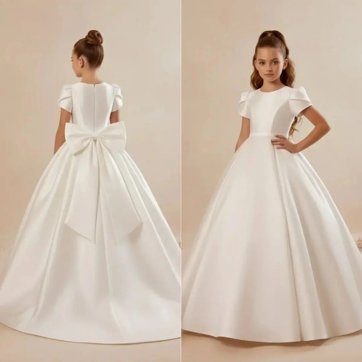 Vestido de niña de flores blanco personalizado para boda, lazo hasta el suelo, manga corta, satén, fiesta de cumpleaños para niños, vestido de primera comunión