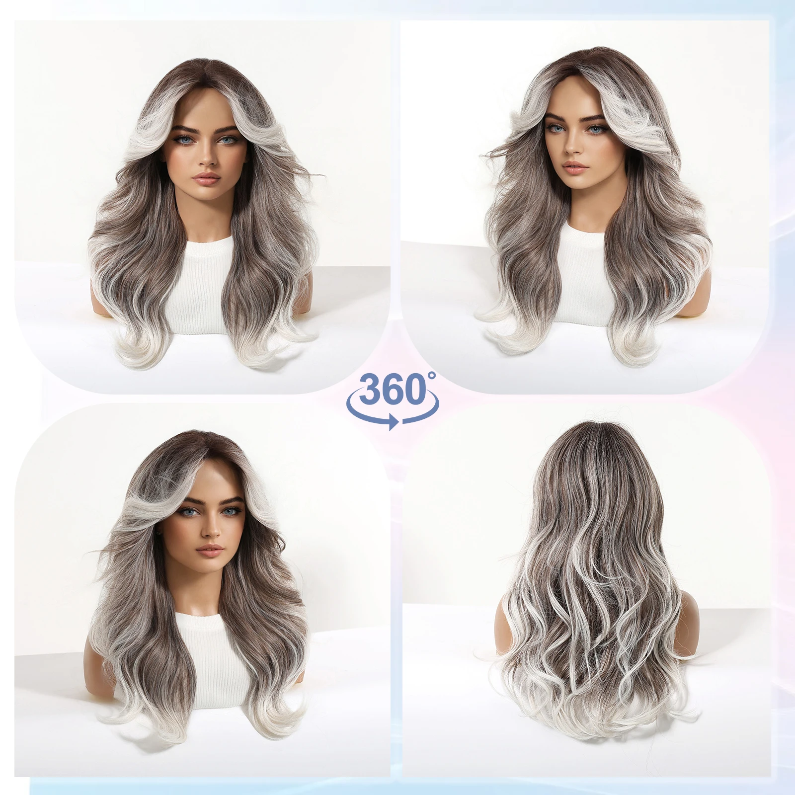 LOUIS FERRE Long Fluffy Wave Gray Gradient Wigs Lolita Cosplay Natural Ombre Synthetic Wigs for Women Heat Resistant Fibre Wigs