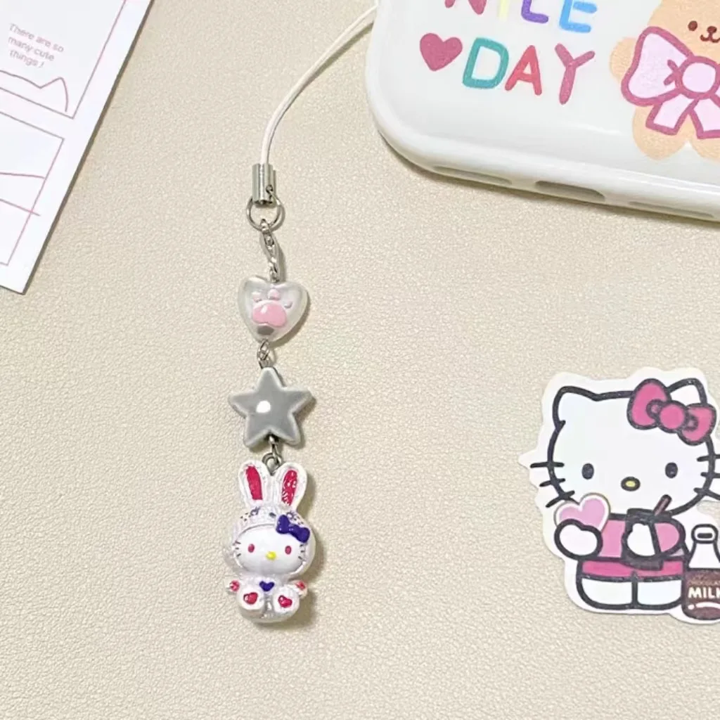 Hello Kitty Beaded Phone Chain Cross-Dressing Rabbit Kitty Sanrio Decorated Hanging Chain Backpack Phone Accessories Toys Gifts