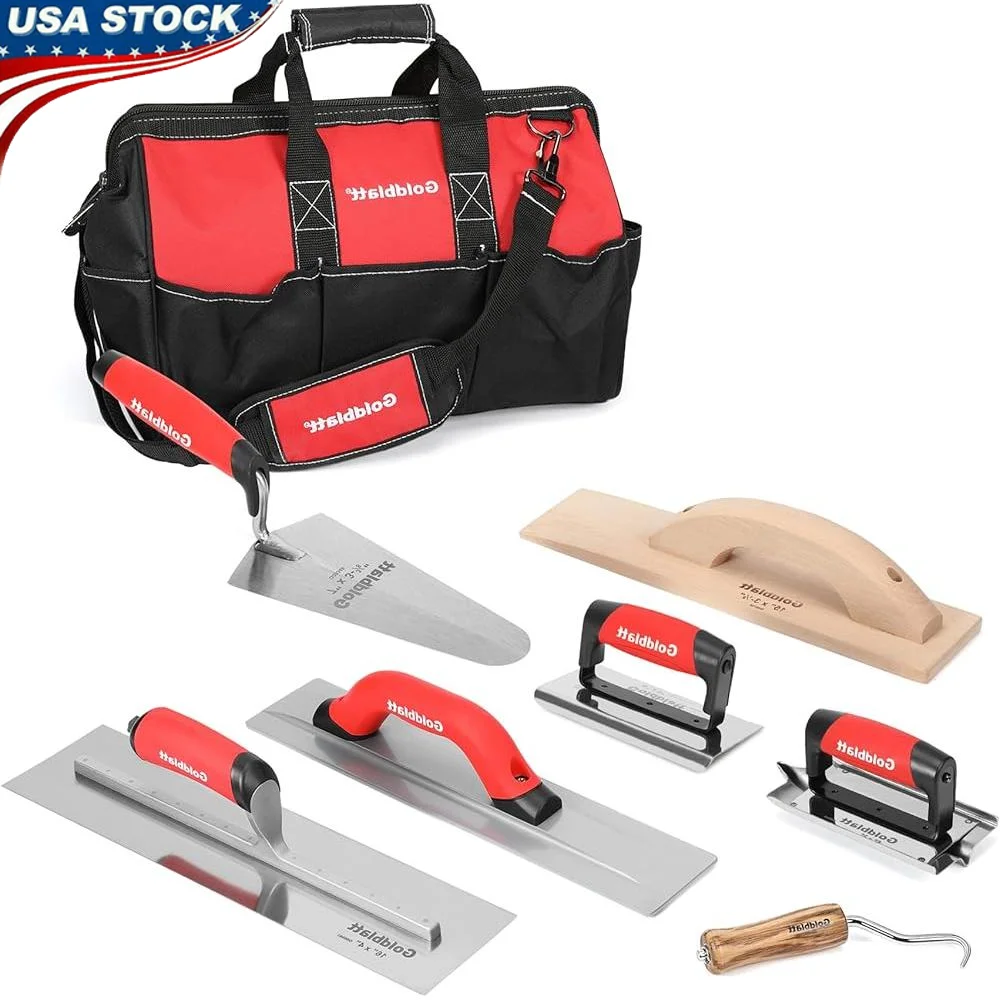 

Masonry Hand Tool Set 8 Pieces Includes Finishing Trowel Gauging Trowel Floats Groover Edger Tool Bag Ergonomic Handles Durable