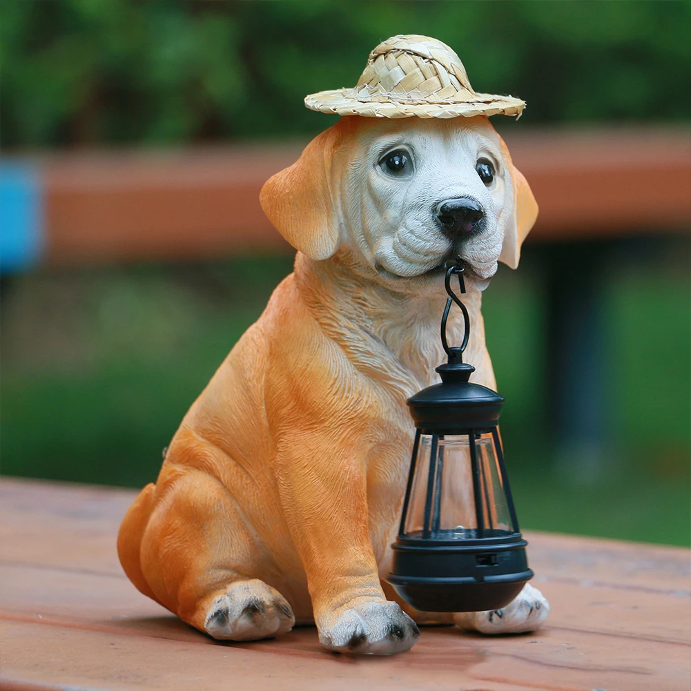 

Labrador Dog Solar Lamp Garden Statue Resin with Straw Hat Outdoor Solar Adorable Weather Resistant LED Lantern Puppy Decoration