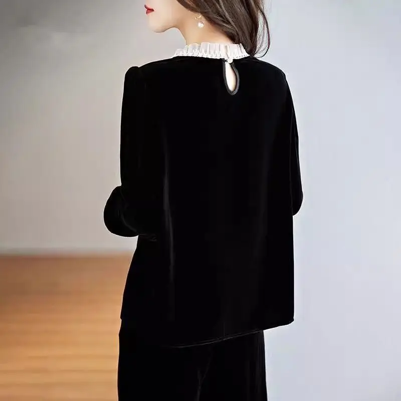 T-shirt patchwork in pizzo allentato temperamento Primavera Autunno Nuovi pullover eleganti a maniche lunghe Top Abbigliamento donna moda vintage