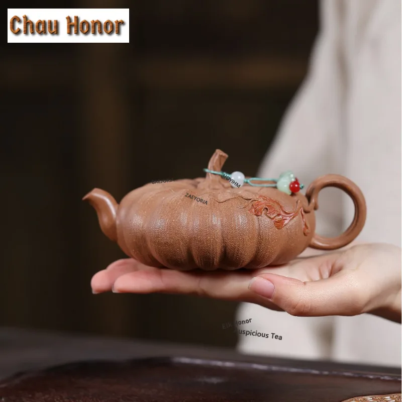 210ml Yixing Purple Clay Teapots Famous Master Handmade Bionic Pumpkin Pot Raw Ore Downhill Mud Tea Soaking Kettle Zisha Tea Set
