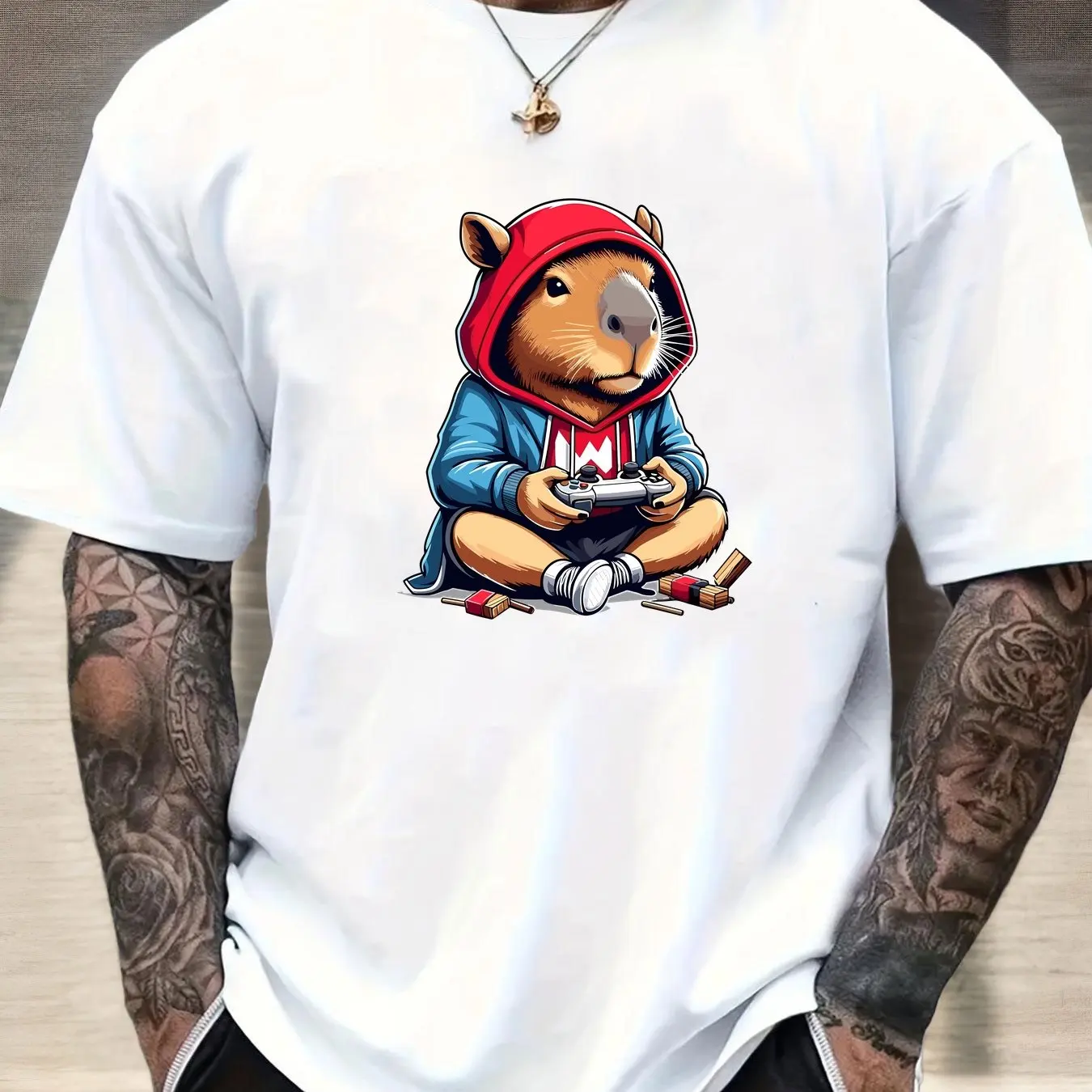Men Casual Cotton T-Shirt with Cartoon Capybara Gamer Design Crew Neck Short Sleeve Summer Tee Men Clothing Comfortable