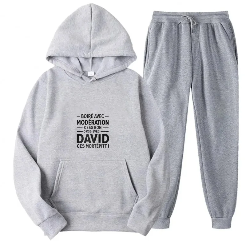 Gray Hoodie Set Printed Pattern Text David Ces MortePit I Moderation
