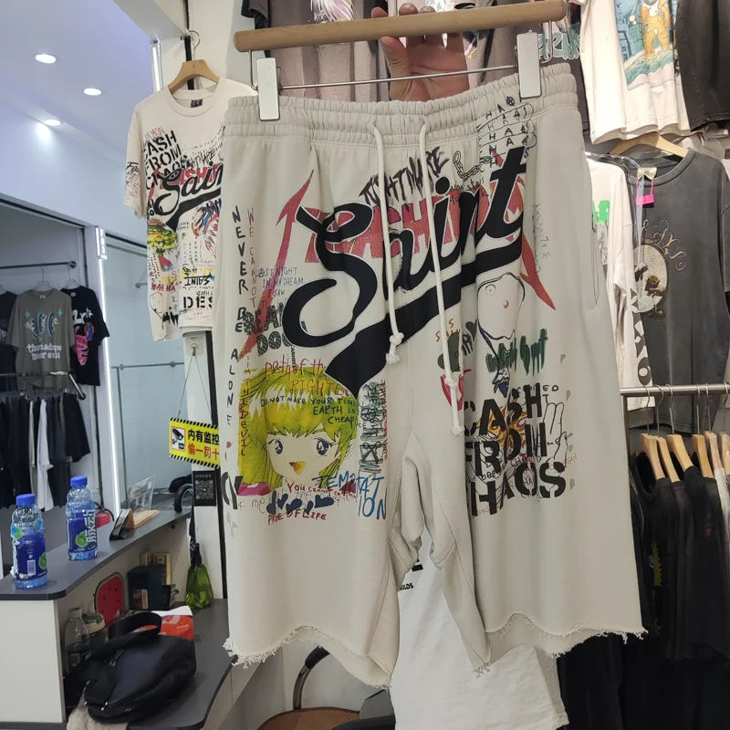 

24ss Saint Men Shorts Splash Ink Graffiti Print High Street Fashion Beige White Cotton Sports Shorts SAINT Basketball Shorts