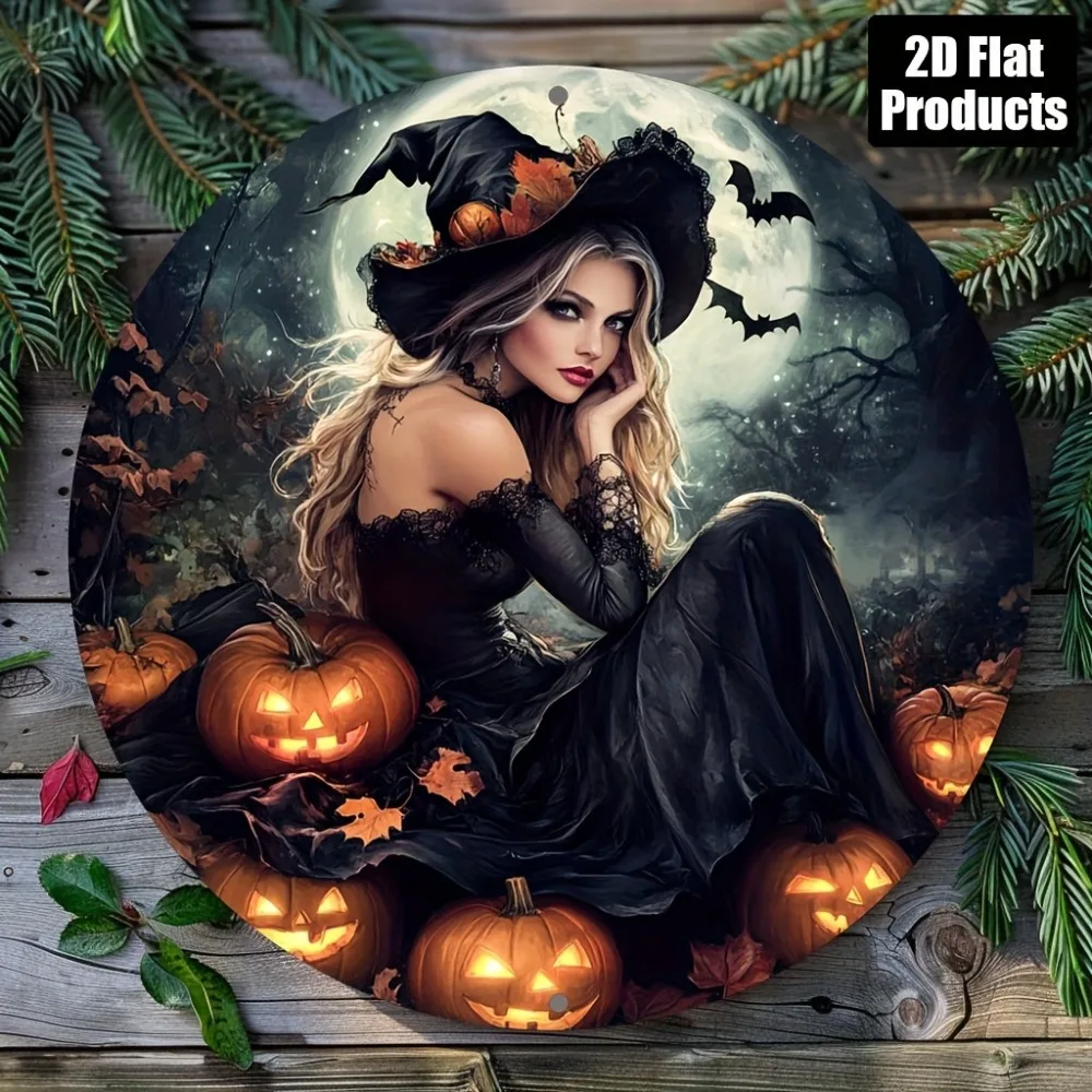 

Witches and Pumpkins Theme, Round Aluminum Metal Decorative Signboards and Plaques, Home Decoration, Festival Gifts, 7.9"/11.8"