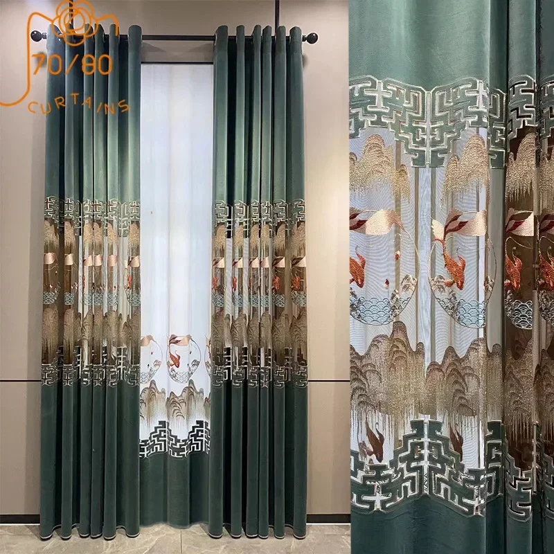 

Chinese Style Embroidery Hollowed Out Flannelette Splicing Curtains for Living Room Bedroom French Window Study Customization