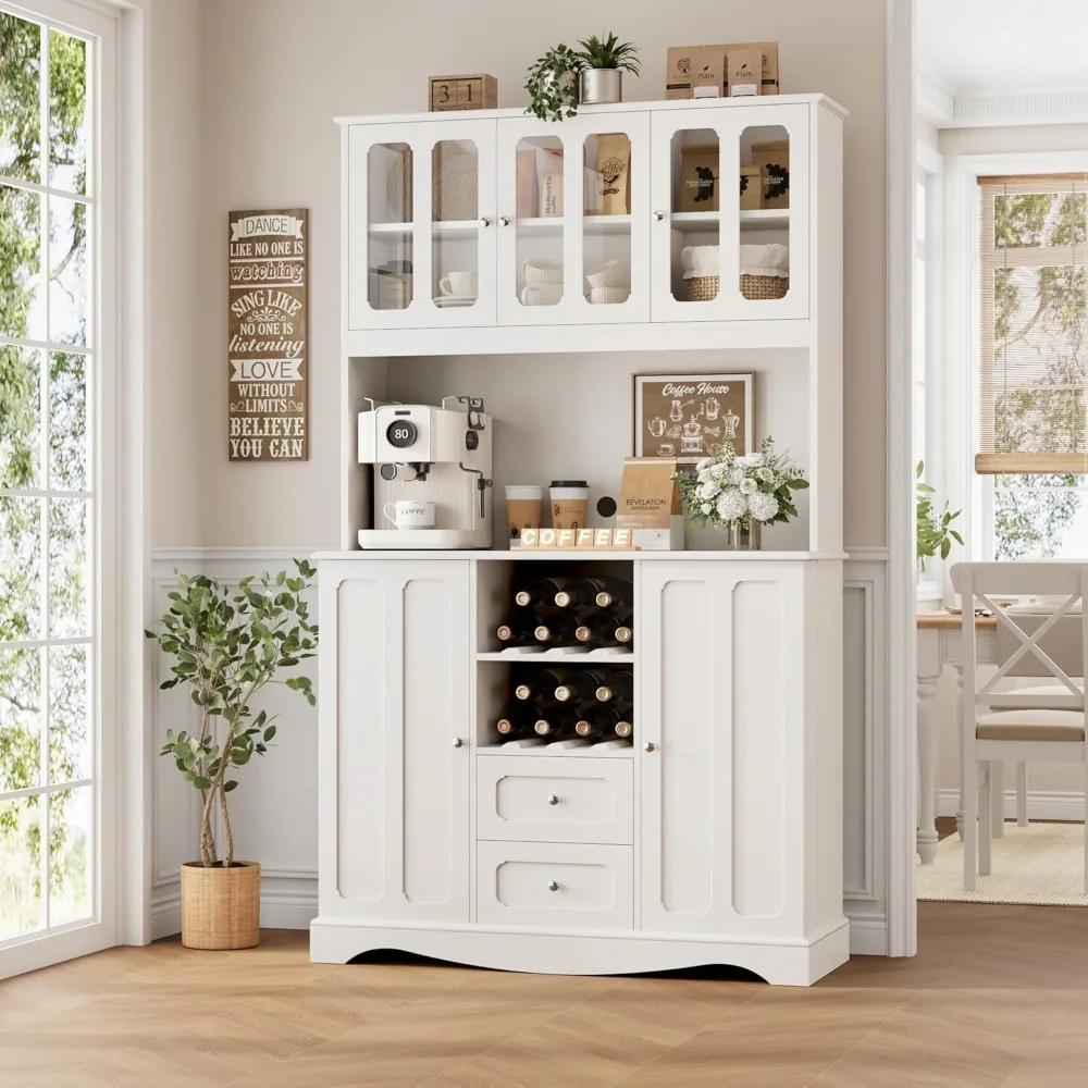 خزانة مخزن طويلة بطول 70 بوصة، وخزانة مطبخ مع حامل ميكروويف، وخزانة تخزين المطبخ الحديثة مع درجين ورف النبيذ المدمج