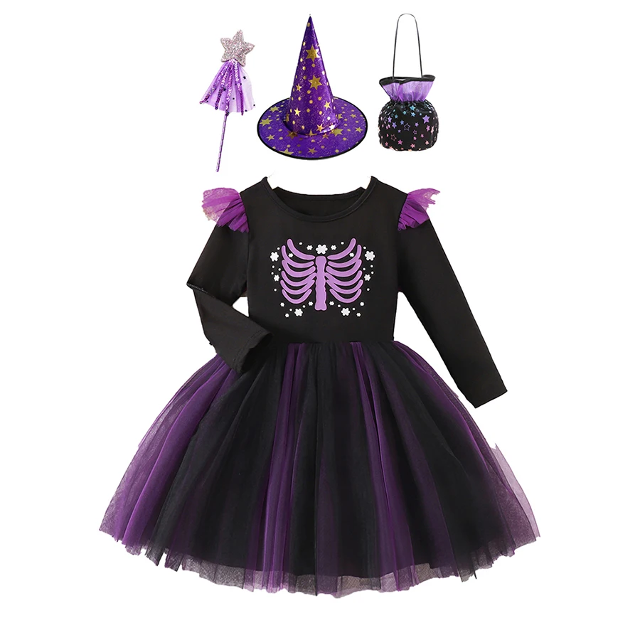 

Kids Baby Girls Halloween Witch Purple Tulle Dress Set Skull Print Puff Sleeve Dress With Hat Wand Bag Children Party