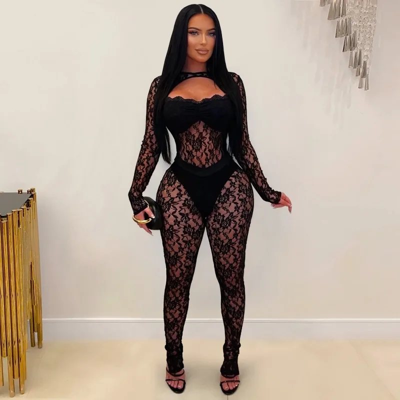

Women Sexy See Through Lace Skinny Jumpsuits with Briefs Hollow Out O Neck Long Sleeve Peach Hips Slim Night Club Party Overalls