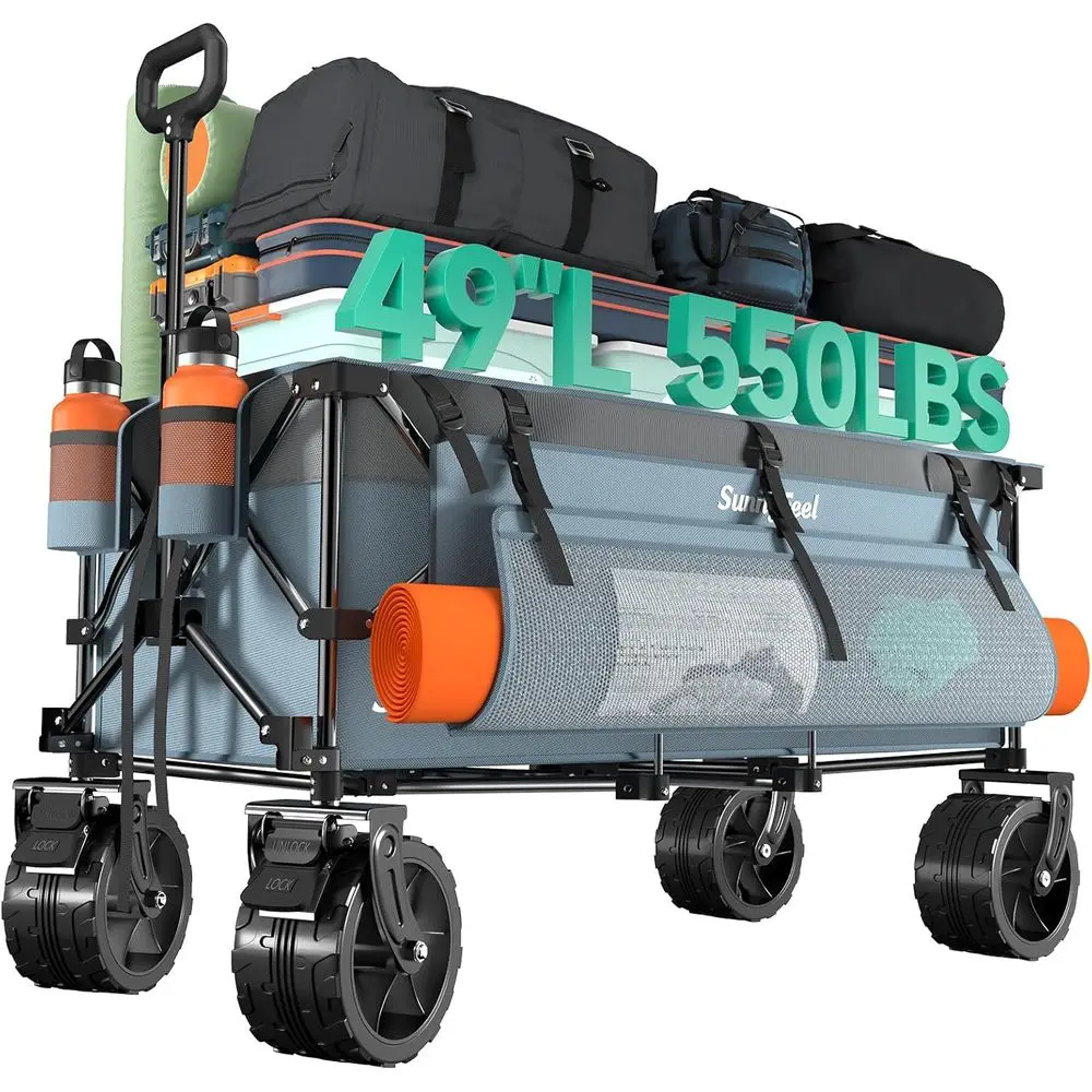 

49" L oldable Wagon Cart with Big Wheels - 550lbs Heavy Duty Extra Long Collapsible Shopping Cart - Utility Grocery Wagon or Gar