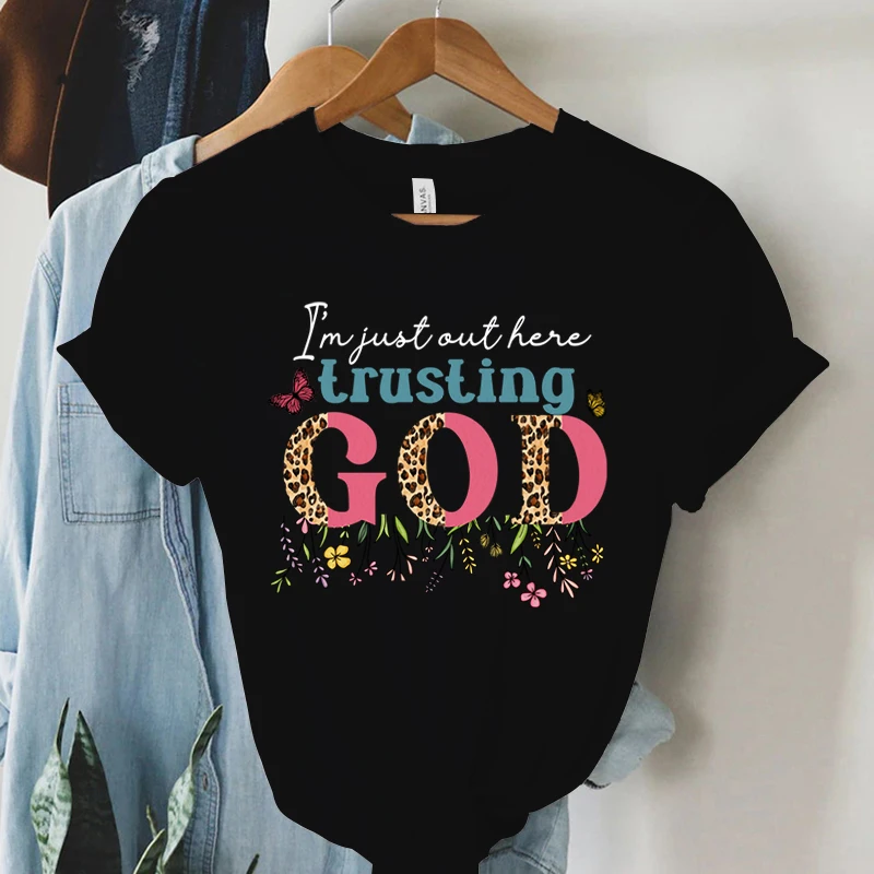 I'm Just Authere Trusting God Print T Shirt Vintage Christian T-Shirts Women Short Sleeve Faith Shirt Summer Religious Tshirt