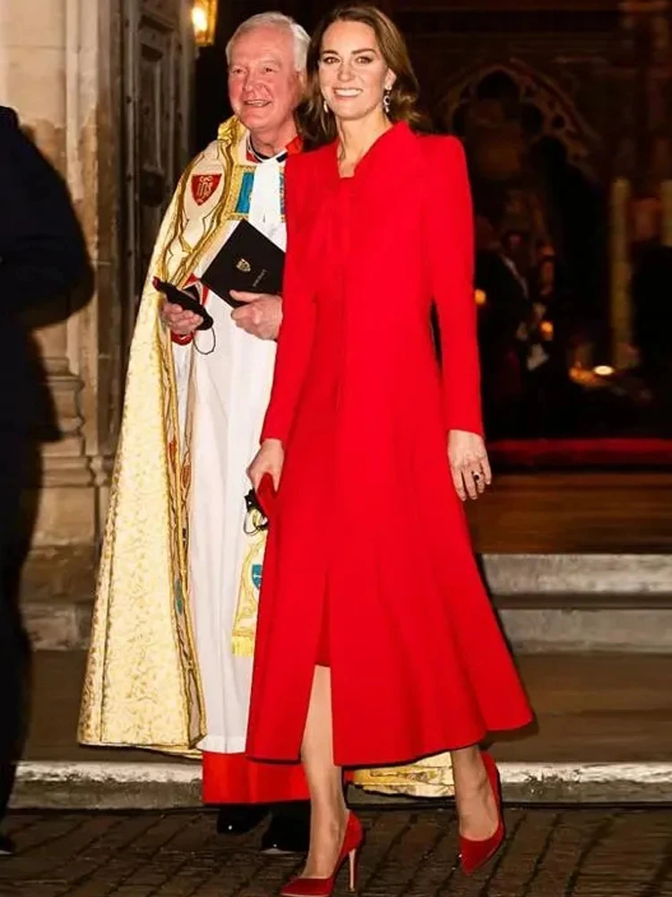 Principessa Kate Middleton Nuova moda di lusso Autunno Alta qualità Donna Elegante Casual Party Office Abiti rossi a maniche lunghe dolci