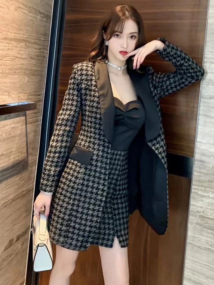 Fashion Spring Women Temperament Elegant Blazer Bright Silk Suit Retro Strap Satin Patchwork Houndstooth Dress 2 Piece Set