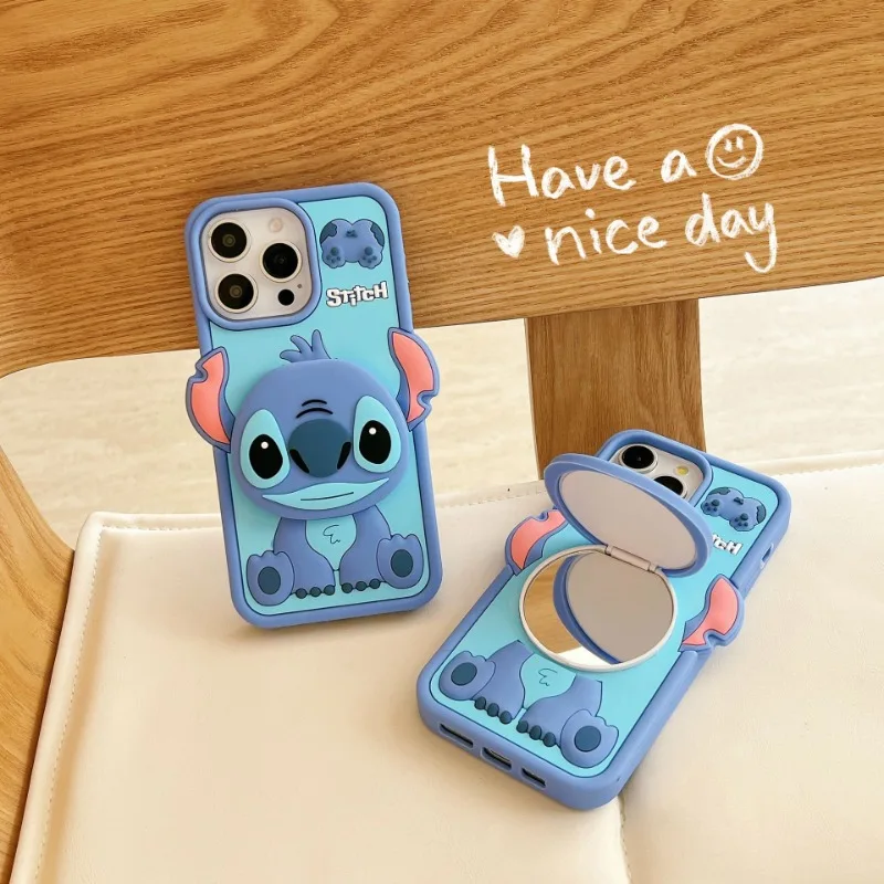 Disney Stitch with Mirror Silicone Cover for IPhone 16 15 14 Pro Max Case Kawaii 3D Cartoon with Makeup Mirror Stand Holder Gift